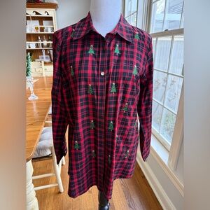 Quacker Factory Jeanne Bice Red/Black Plaid Shirt Christmas Tree Button Down NEW